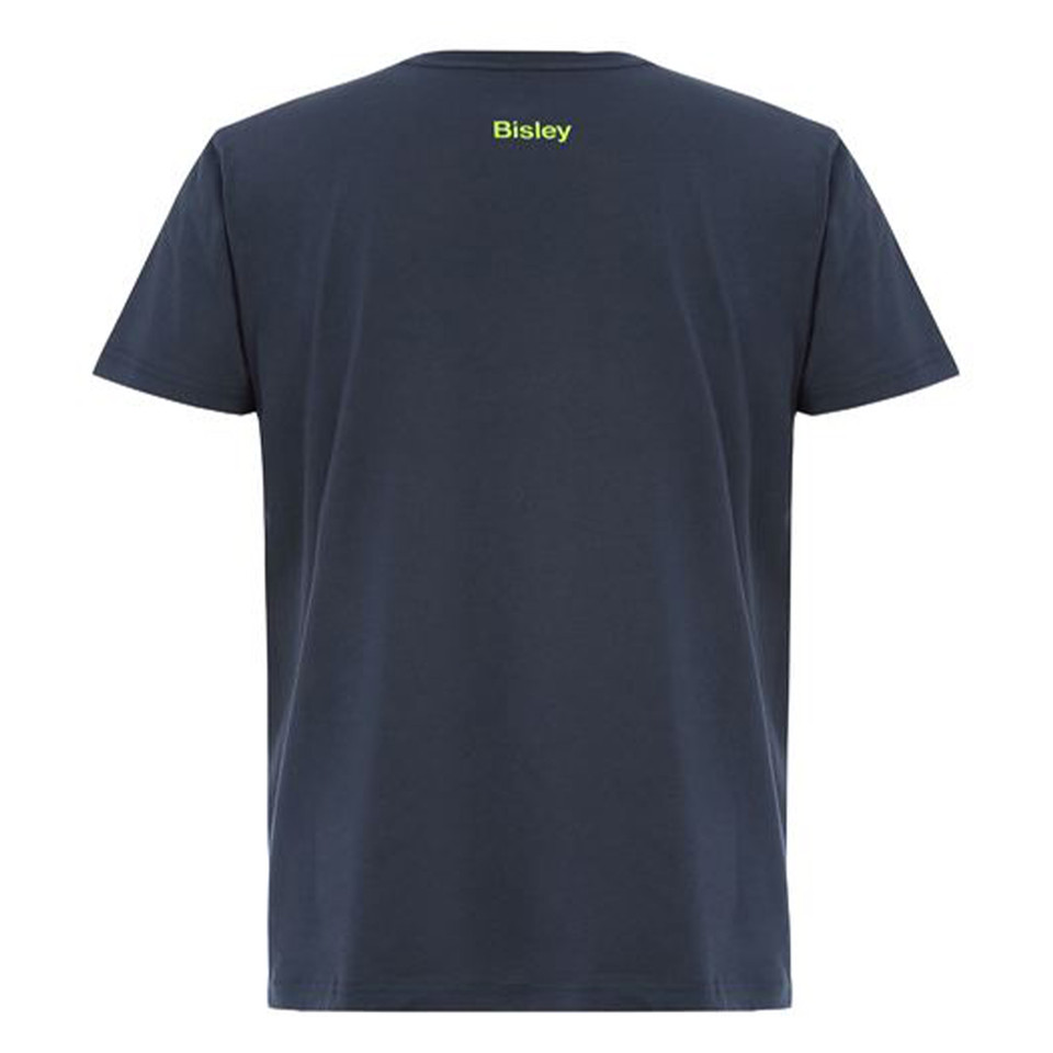 Back view of navy cotton crew neck tee with lime green Bisley logo at nape