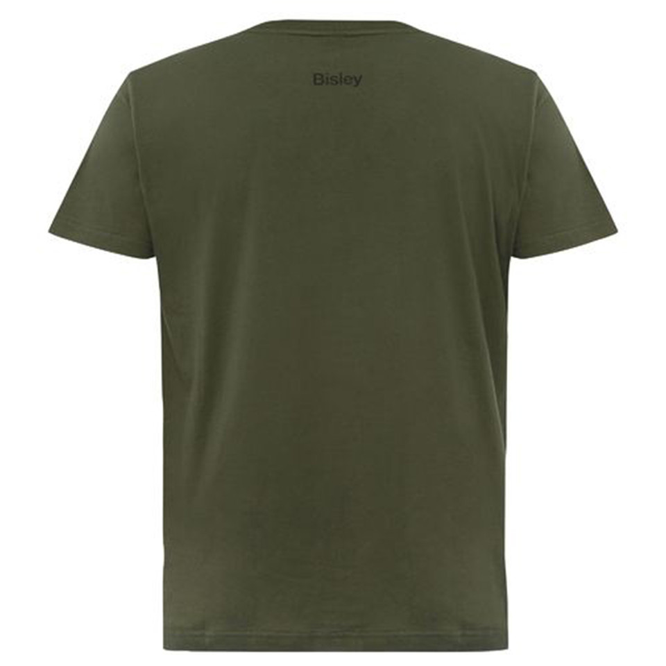 Rear view of army green cotton crew neck tee with tonal Bisley logo on upper back