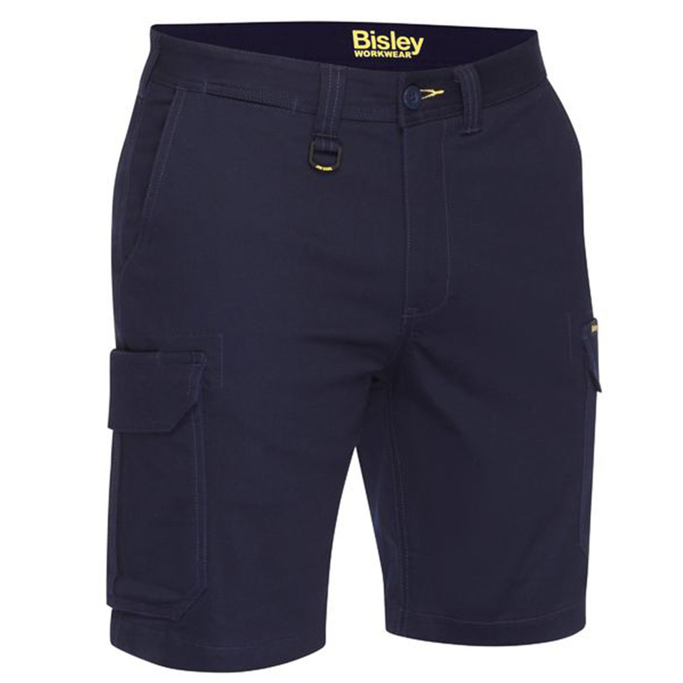 Navy stretch cotton drill cargo shorts with side cargo pocket, zip fly and D-ring belt loop detail