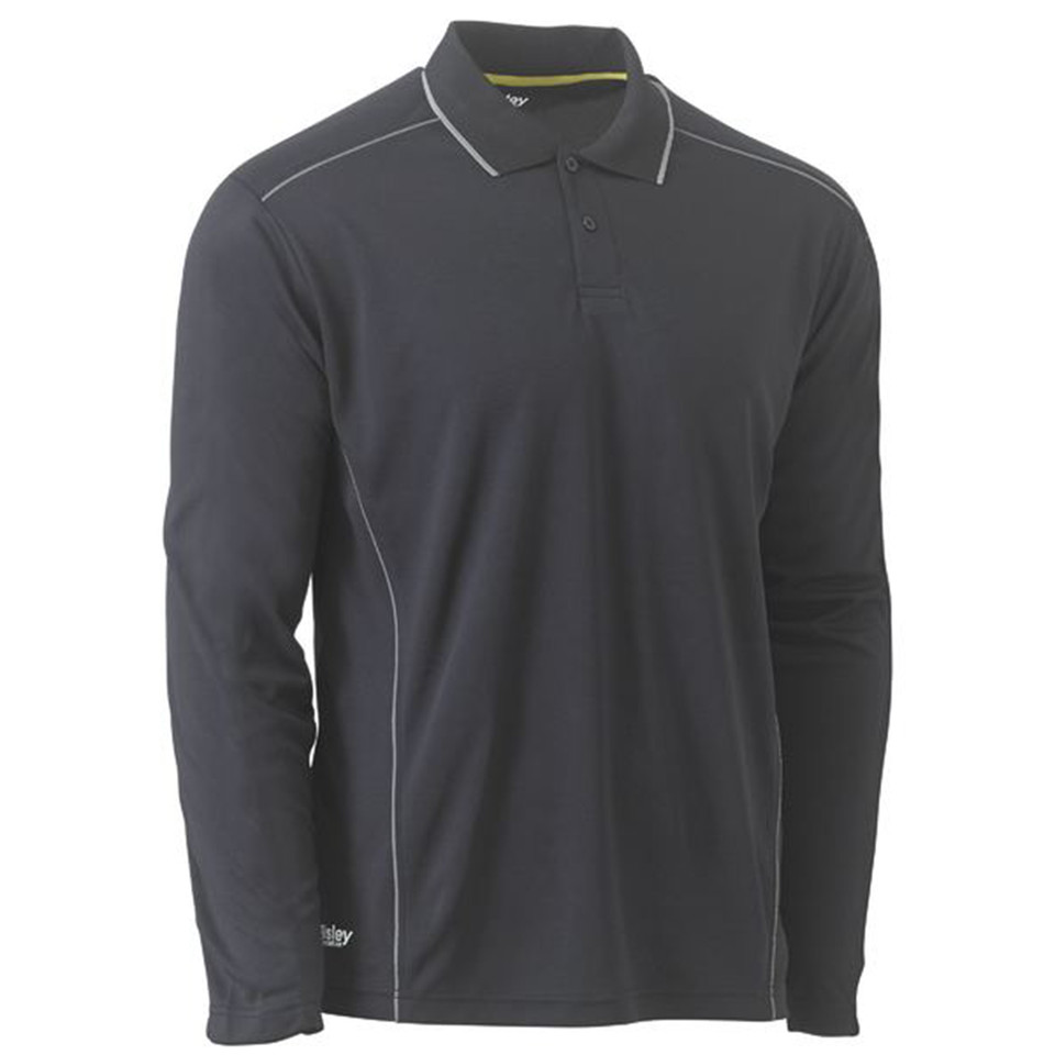 Charcoal long sleeve polo shirt with reflective piping on collar, shoulders and sides