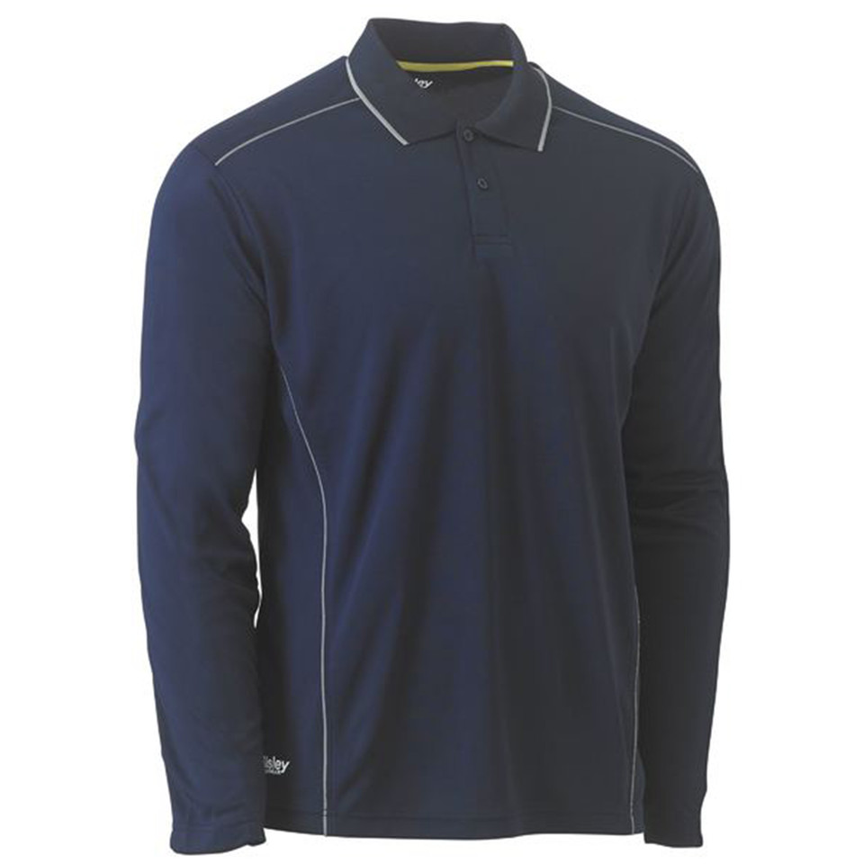 Navy long sleeve polo with reflective piping detail on shoulders and grey contrast collar tipping