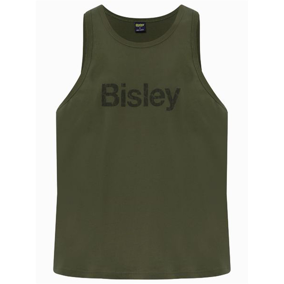 Army green cotton singlet with deep scoop armholes and tonal black chest logo print, flat lay packshot