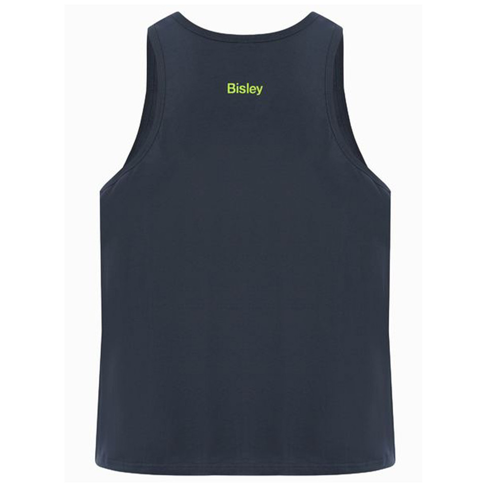 Navy blue sleeveless singlet rear view with lime green Bisley logo at upper back, smooth jersey fabric