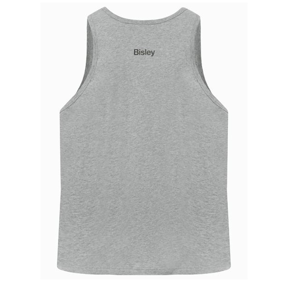 Back view of a marle grey sleeveless singlet with scooped armholes and small Bisley chest logo
