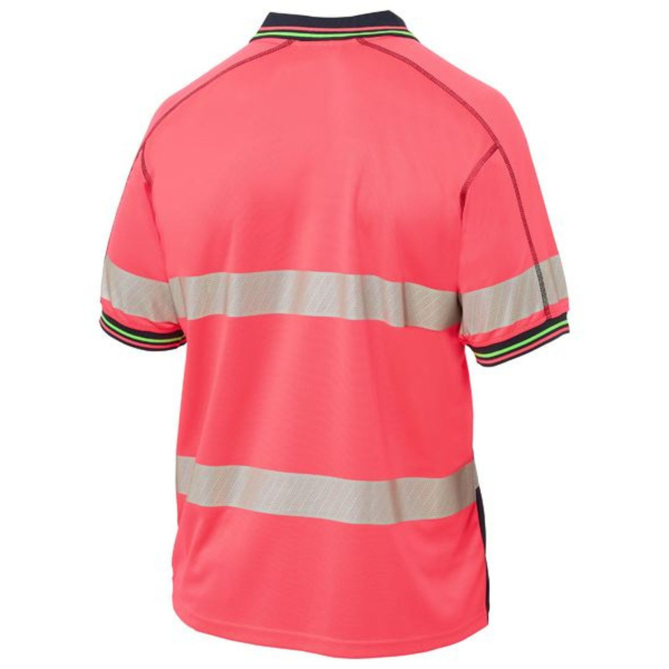 Fluorescent pink hi-vis polo shirt with silver reflective tape stripes across back and sleeves with contrast collar trim