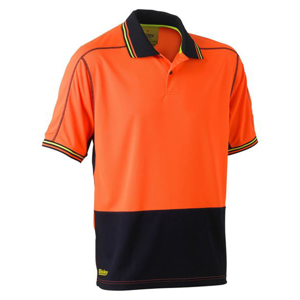 Hi-vis orange and navy two-tone polo shirt with contrast collar and sleeve striping