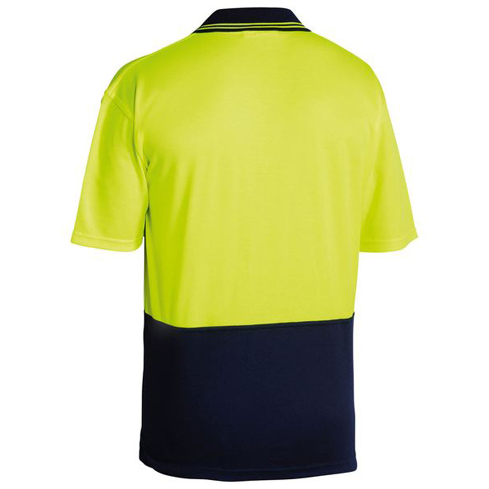 Rear view of hi vis two-tone polo, fluoro yellow upper and navy lower panel, short sleeve