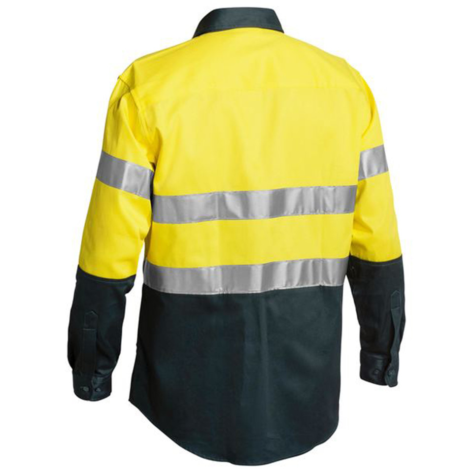 Hi vis drill shirt in yellow and charcoal with silver reflective tape across back and sleeves