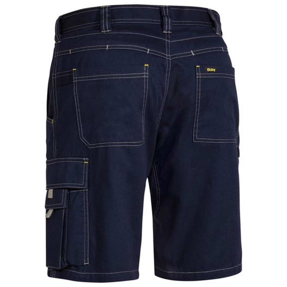 Navy cargo shorts with contrast stitching, multiple pockets, and cargo leg pockets with flap closures