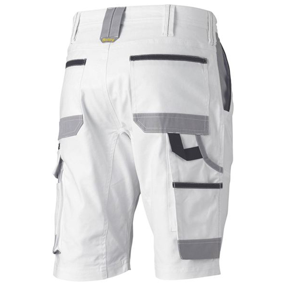 Bisley men's white painters cargo shorts with contrast highlights, industrial pockets, and a utility loop, made from durable cotton canvas drill for trade workwear.