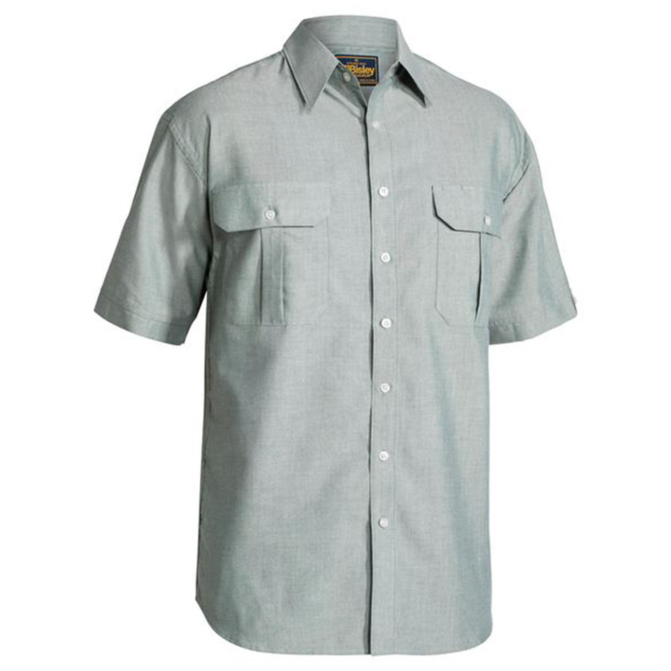 Sage green short sleeve oxford shirt with twin chest pockets and white button placket