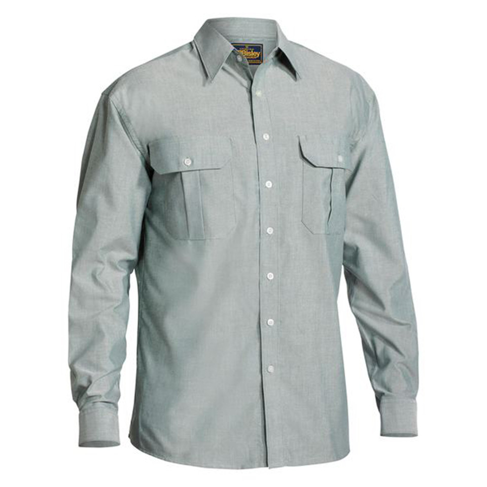 Sage green Oxford weave long sleeve shirt with button-down collar and twin chest pockets with flap closures