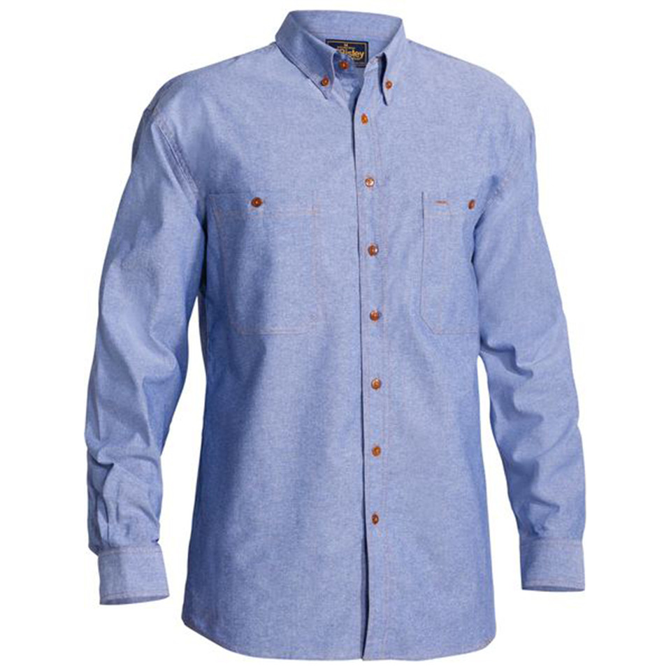Bisley Men's Light Blue Chambray Long Sleeve Shirt. Durable cotton work shirt with twin chest pockets and roll-up sleeves. Ideal for wholesale, corporate, or team uniforms.
