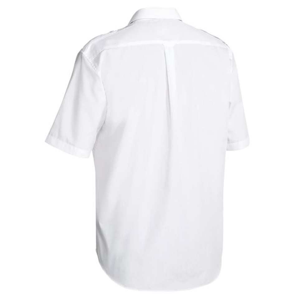 White short sleeve poplin shirt with epaulette shoulders and back yoke, rear view