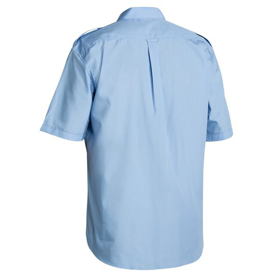 Light blue short sleeve poplin shirt with shoulder epaulettes and centre back pleat, rear view