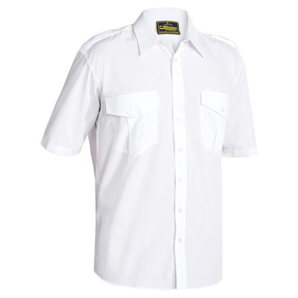 White short sleeve poplin shirt with twin chest pockets, epaulettes, and button-front closure