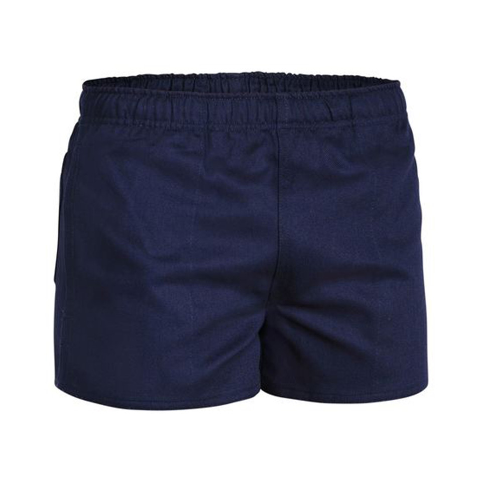 Navy blue cotton drill rugby shorts with elasticated waistband and short inseam