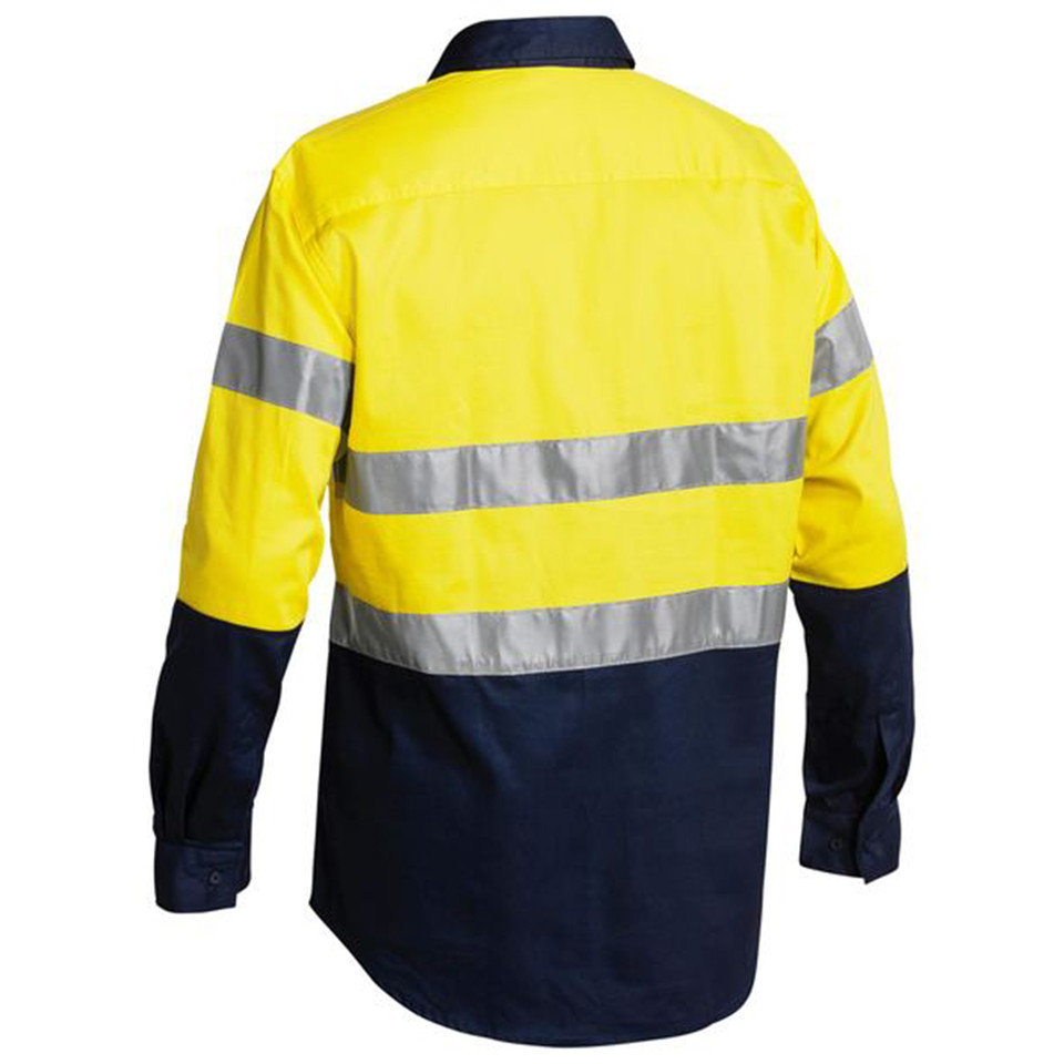 Yellow and navy two-tone hi vis drill shirt rear view with horizontal reflective tape across back and sleeves