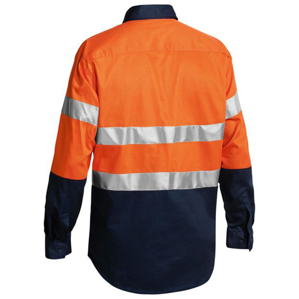 Hi vis work shirt in orange and navy with reflective silver tape across back and sleeves