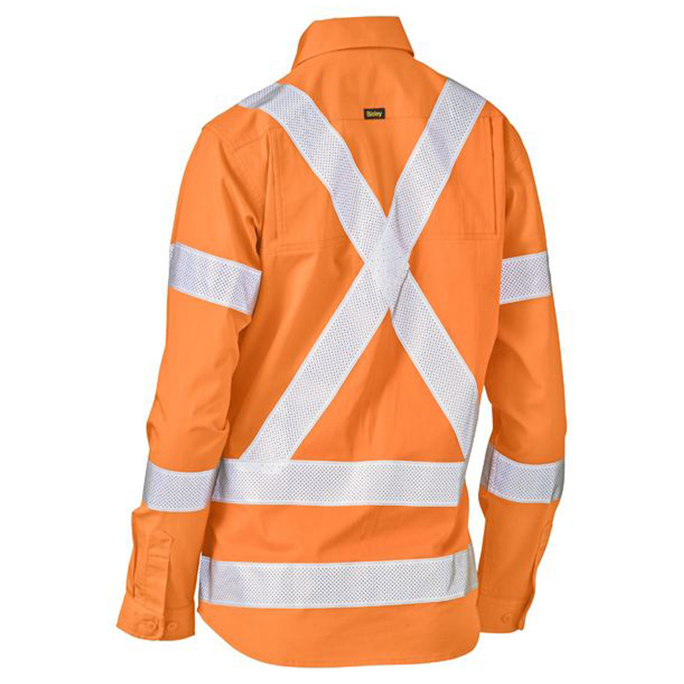 Orange hi-vis work shirt back view with reflective silver X-pattern tape and horizontal bands on sleeves and waist