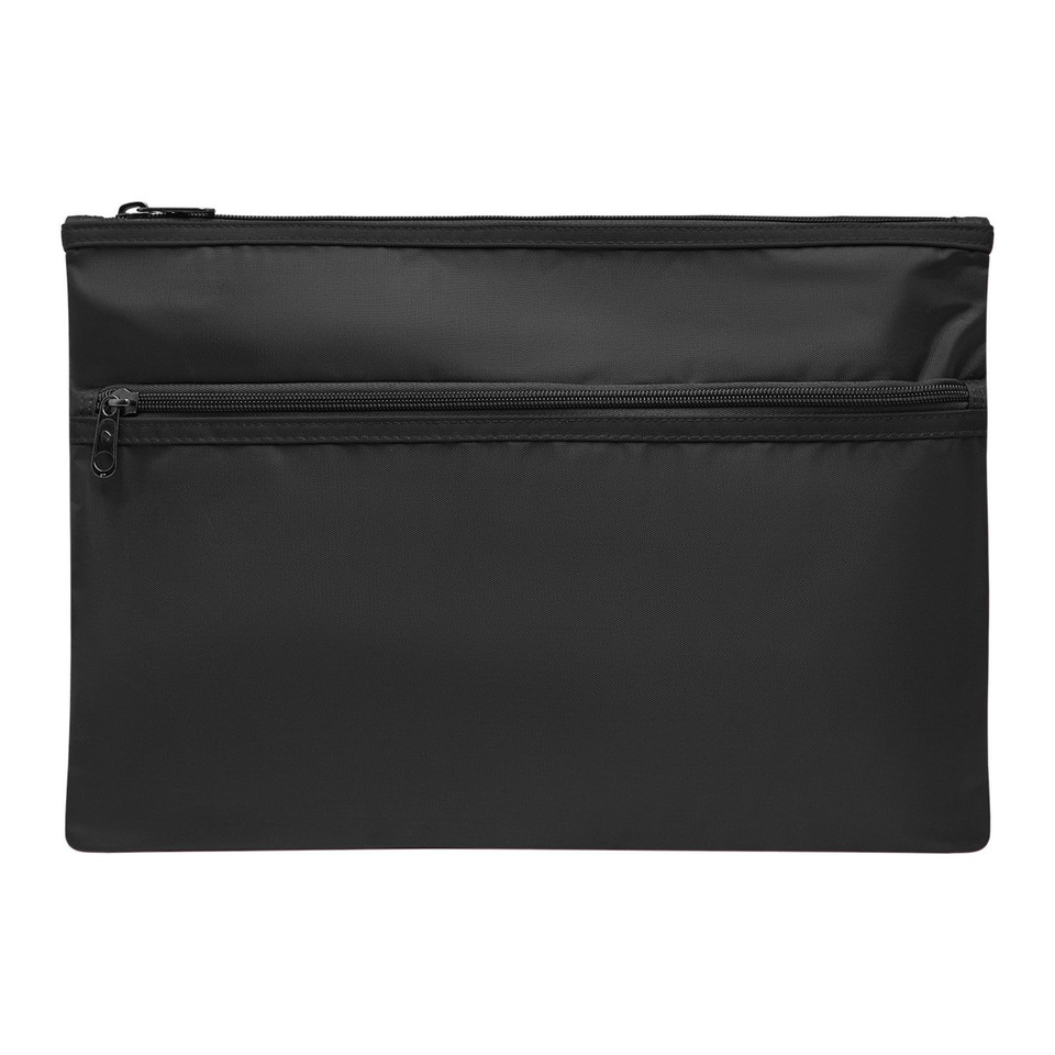 Black twin-zip pencil case with top zipper closure and front zip pocket, flat lay packshot
