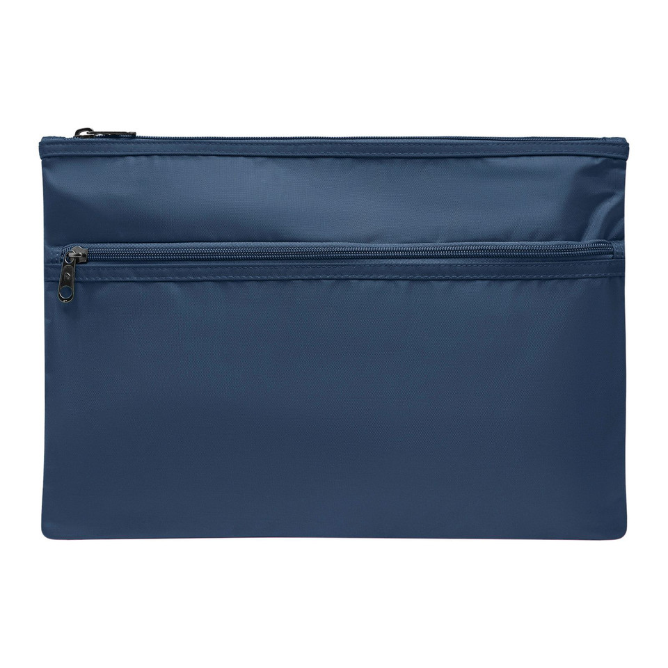 Navy blue large flat zip pouch with secondary front zip pocket and dark metal zip pulls