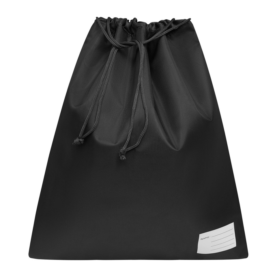 Black drawstring bag with cinched top and white label detail at bottom corner