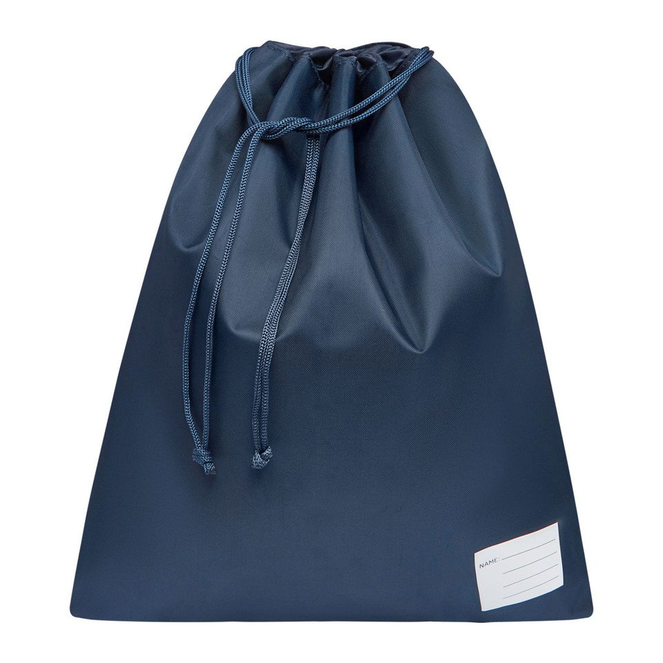 Navy drawstring bag with rope cord closure and white label patch on front corner