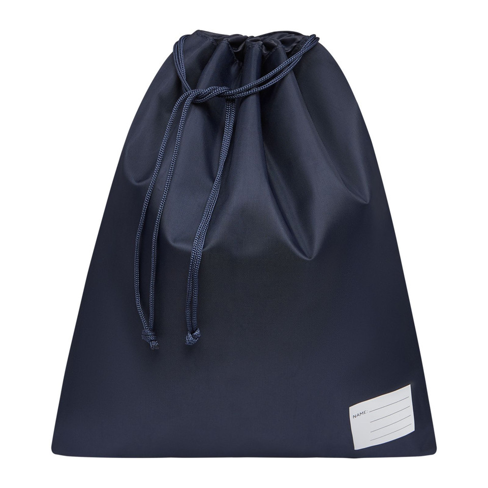 Navy drawstring bag with white label patch and matching cord closure