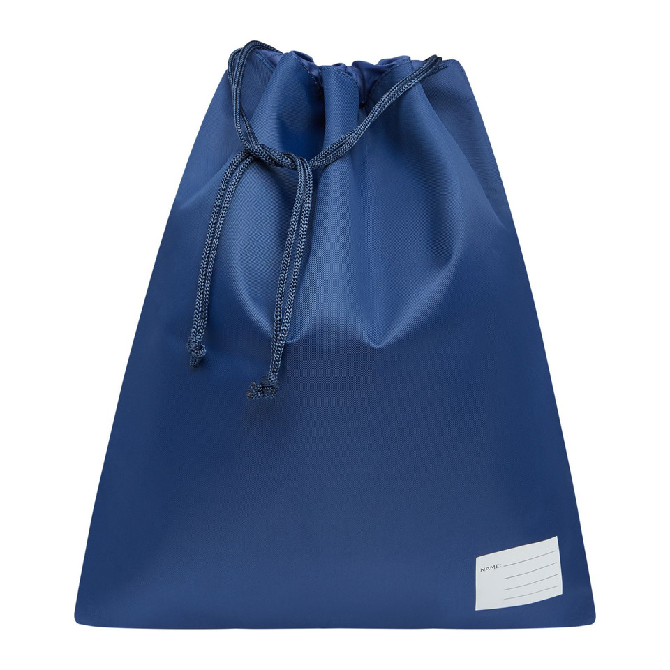 Navy blue drawstring bag with cord closure and small name label panel on lower front