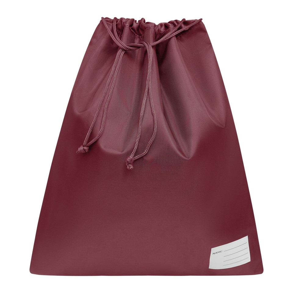 Burgundy drawstring bag with matching cords and white label patch at bottom corner
