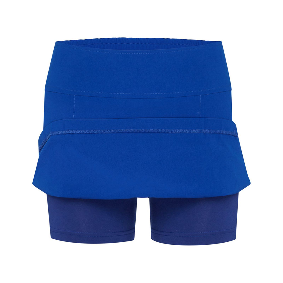 Royal blue ladies stretch microfibre skort with layered skirt panel over built-in fitted shorts, elasticated waistband
