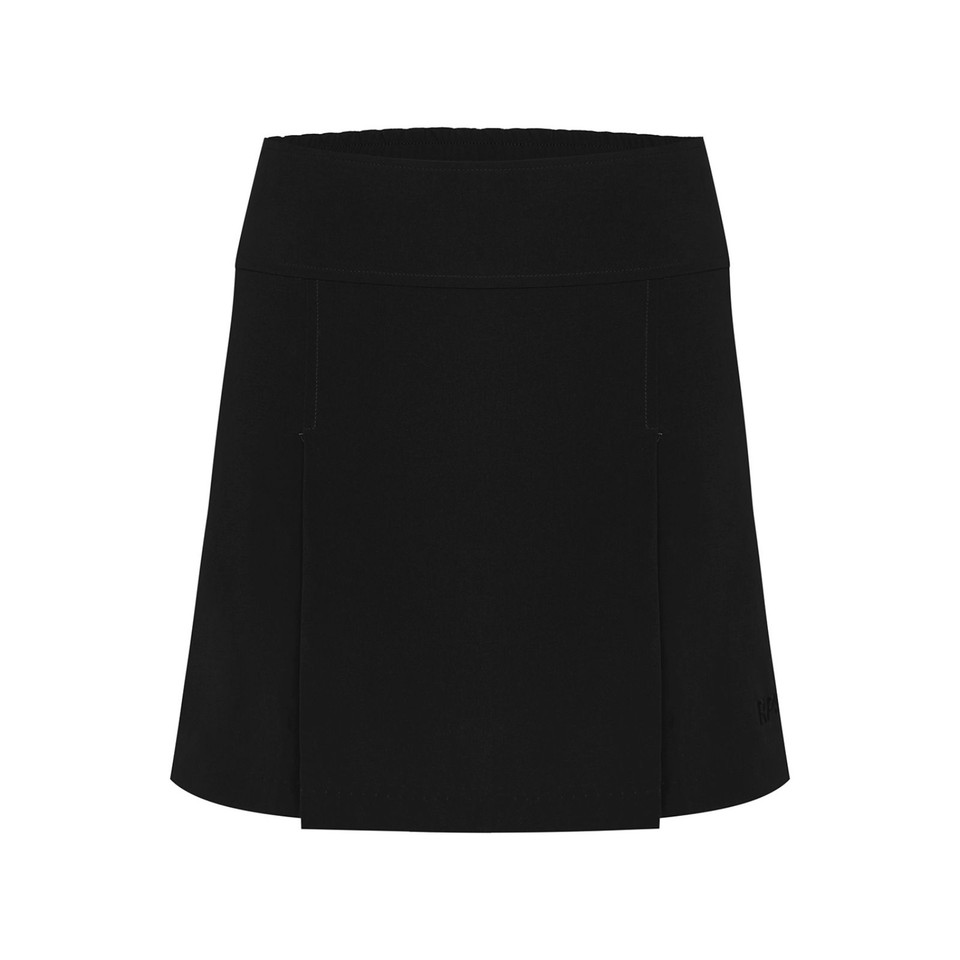 Black stretch microfibre skort with flat front panel and wide waistband