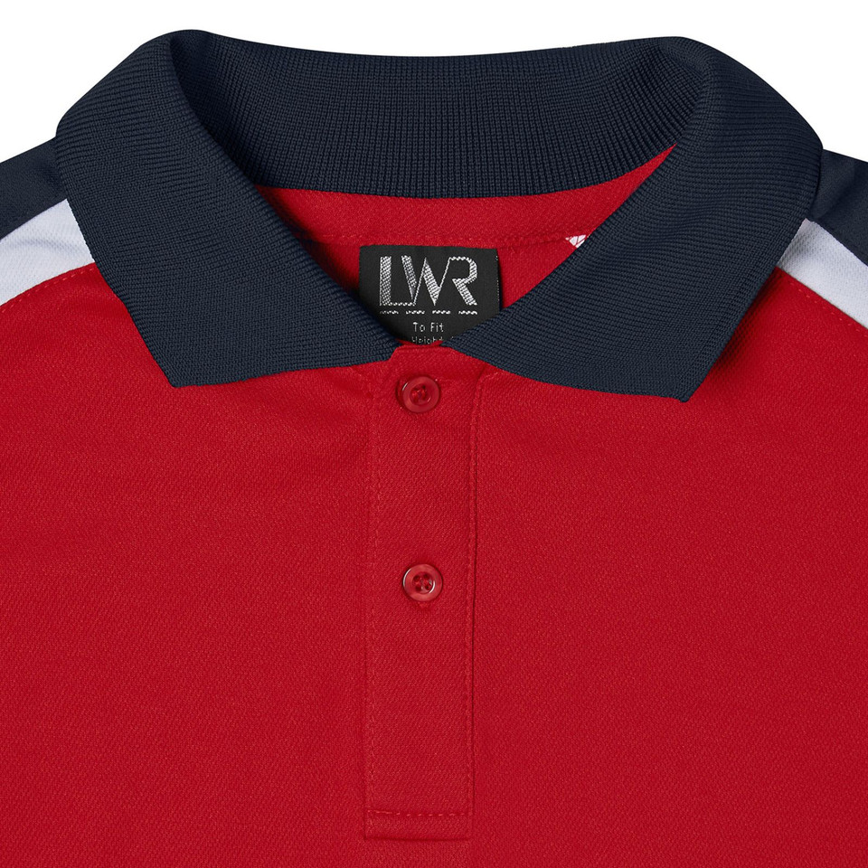 Red kids polo shirt with navy collar, white shoulder panels and contrast raglan sleeves