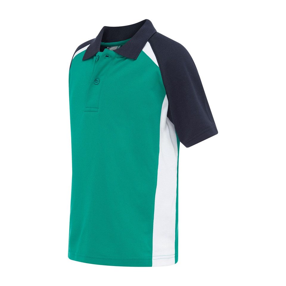 Teal polo shirt with navy raglan sleeves, white side panels and contrast collar