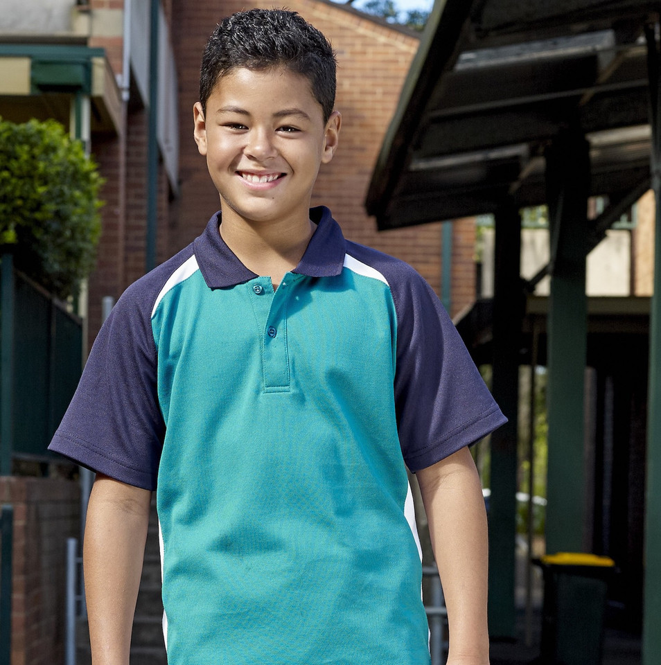 Kids raglan polo shirt in aqua blue body with navy sleeves and white contrast panels at shoulders