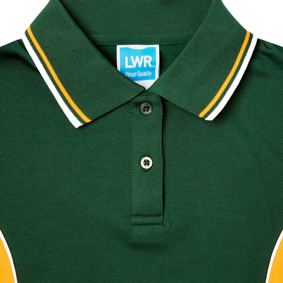 Bottle green kids polo dress with gold and white tipped collar and gold side panels