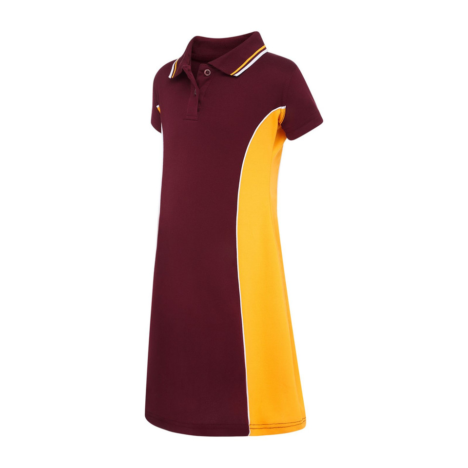 Kids polo dress in maroon with gold side panel, tipped collar, and short sleeves