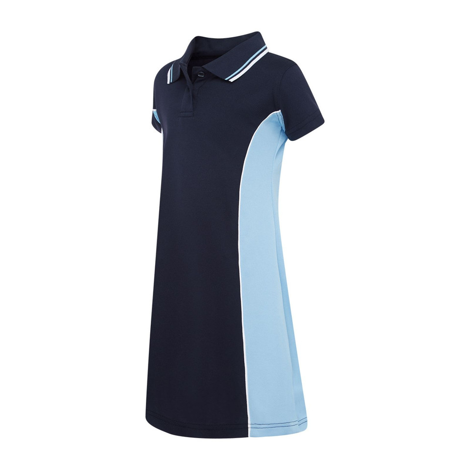 Navy polo dress with sky blue contrast side panel and white collar tipping for kids