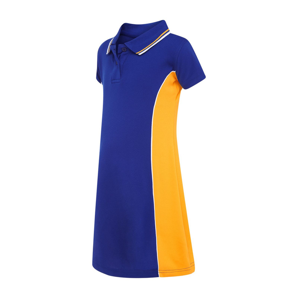 Royal blue polo dress with gold side panel and white collar tipping