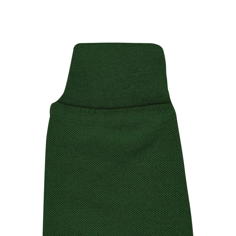 Forest green long sleeve polo shirt with ribbed collar and textured knit fabric