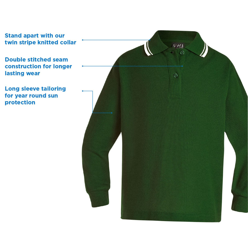 Bottle green kids long sleeve polo with white twin stripe knitted collar and two-button placket