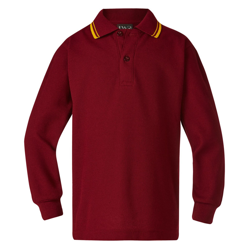 Maroon long sleeve polo shirt with gold and red tipped collar and button placket
