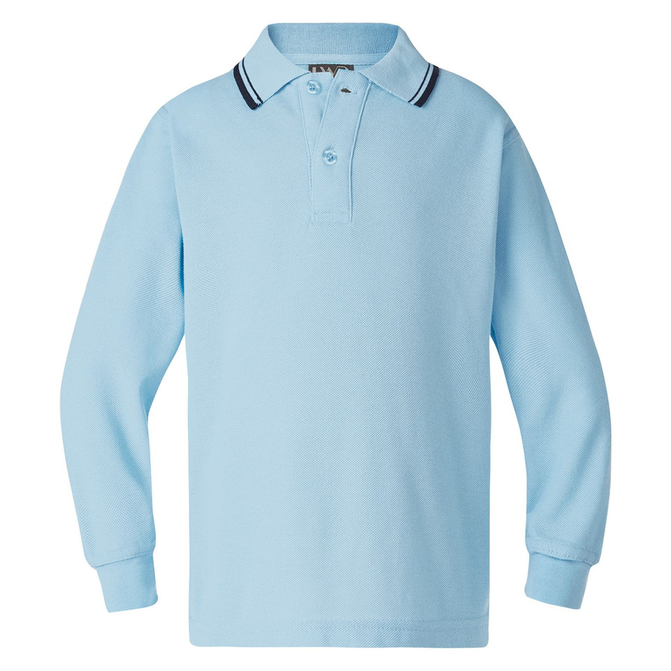 Sky blue long sleeve polo shirt with contrast navy and white tipped collar