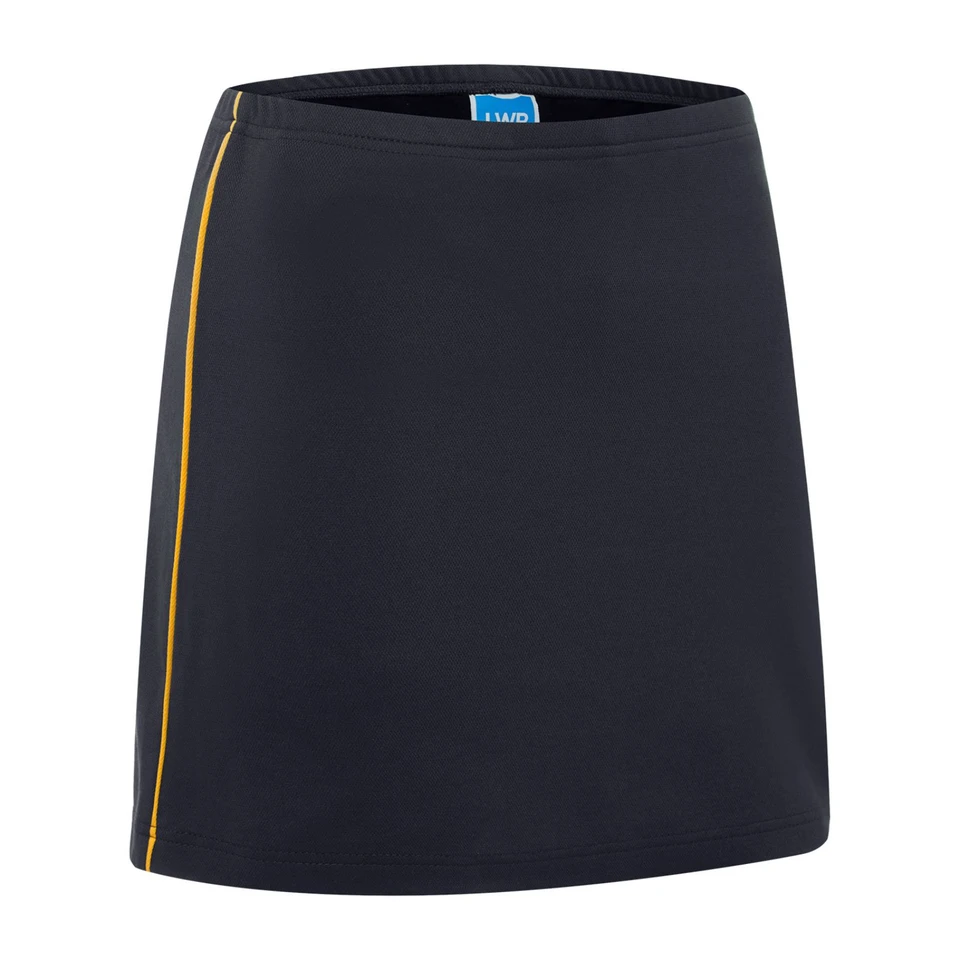 Navy athletic skort with gold contrast piping along side seam