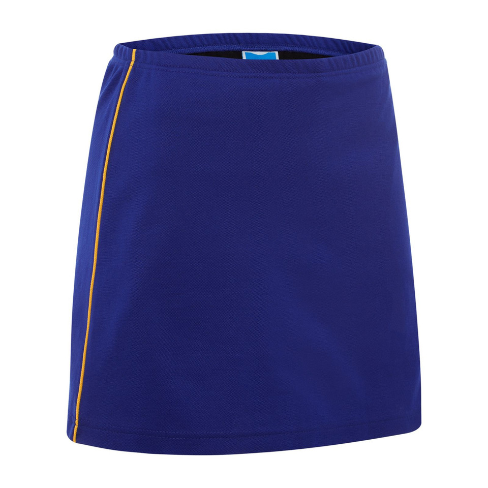 Royal blue kids sport skort with gold contrast piping detail down the side seam