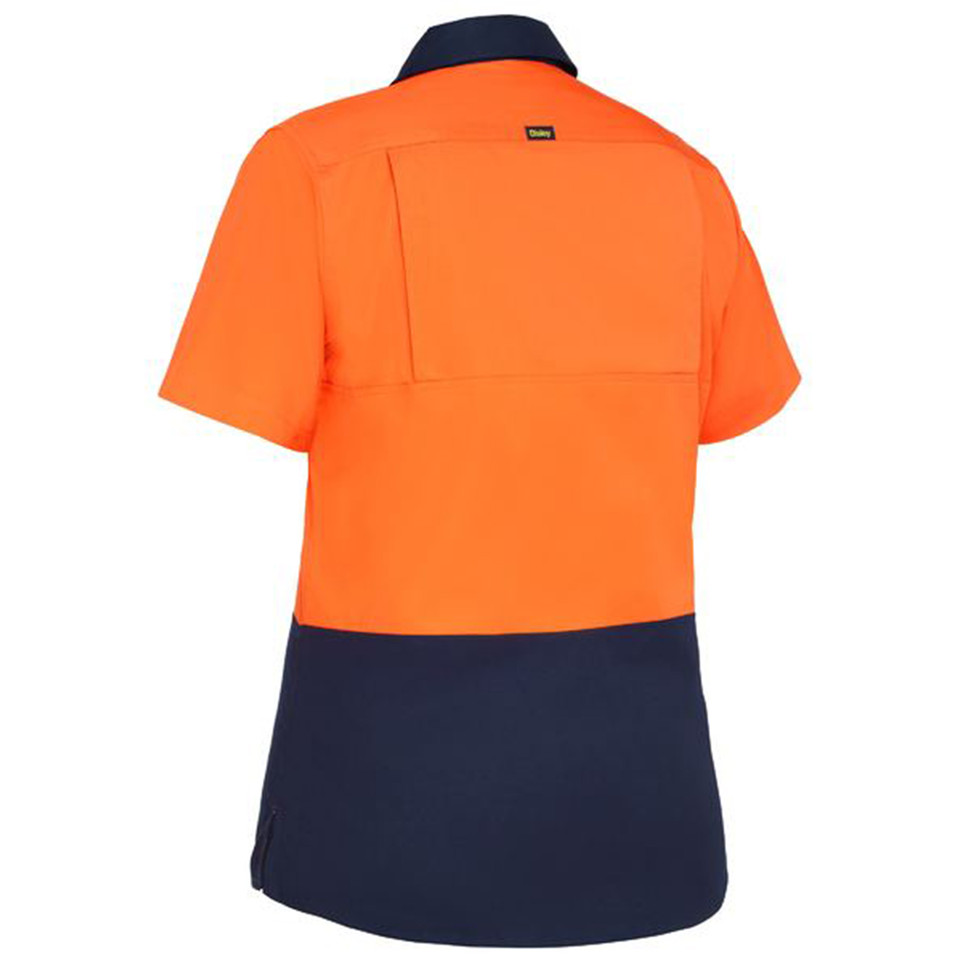 High visibility orange and navy two-tone drill shirt with back pockets and contrast collar