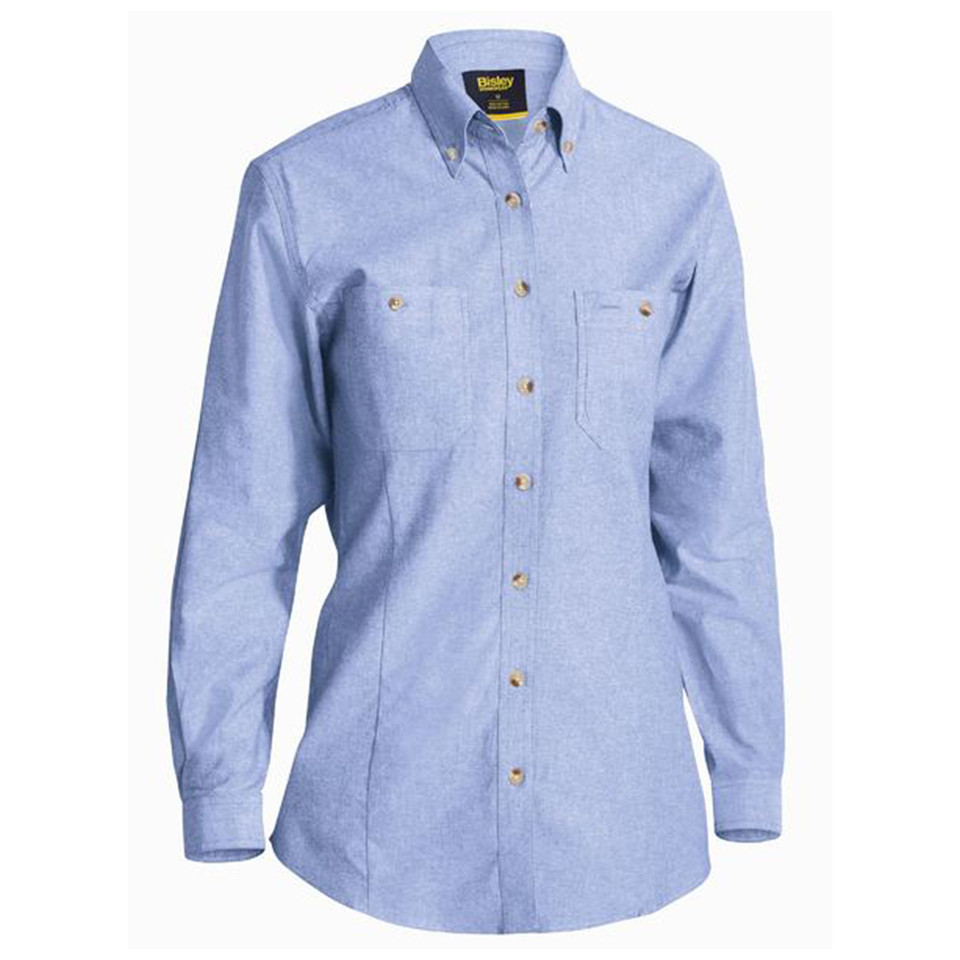 Women's pale blue chambray long sleeve shirt with button-down collar, twin chest pockets and gold buttons