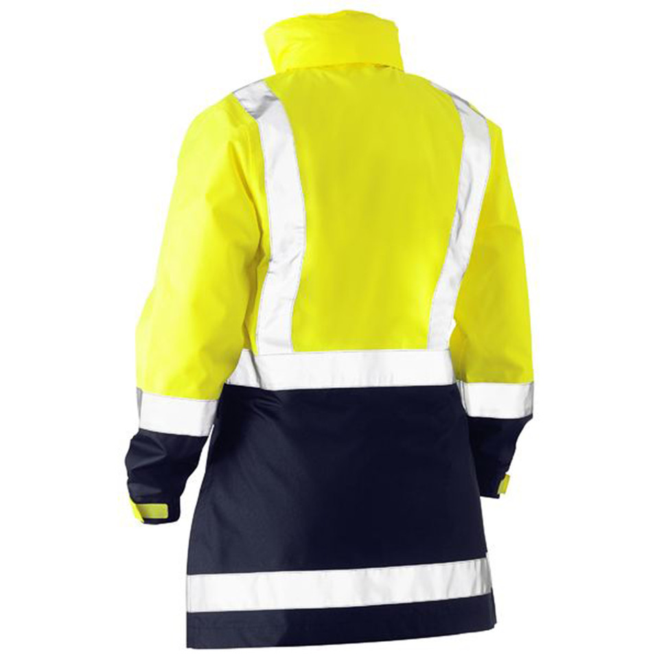 High visibility yellow and navy rain jacket with silver reflective H-pattern tape on back and sleeves
