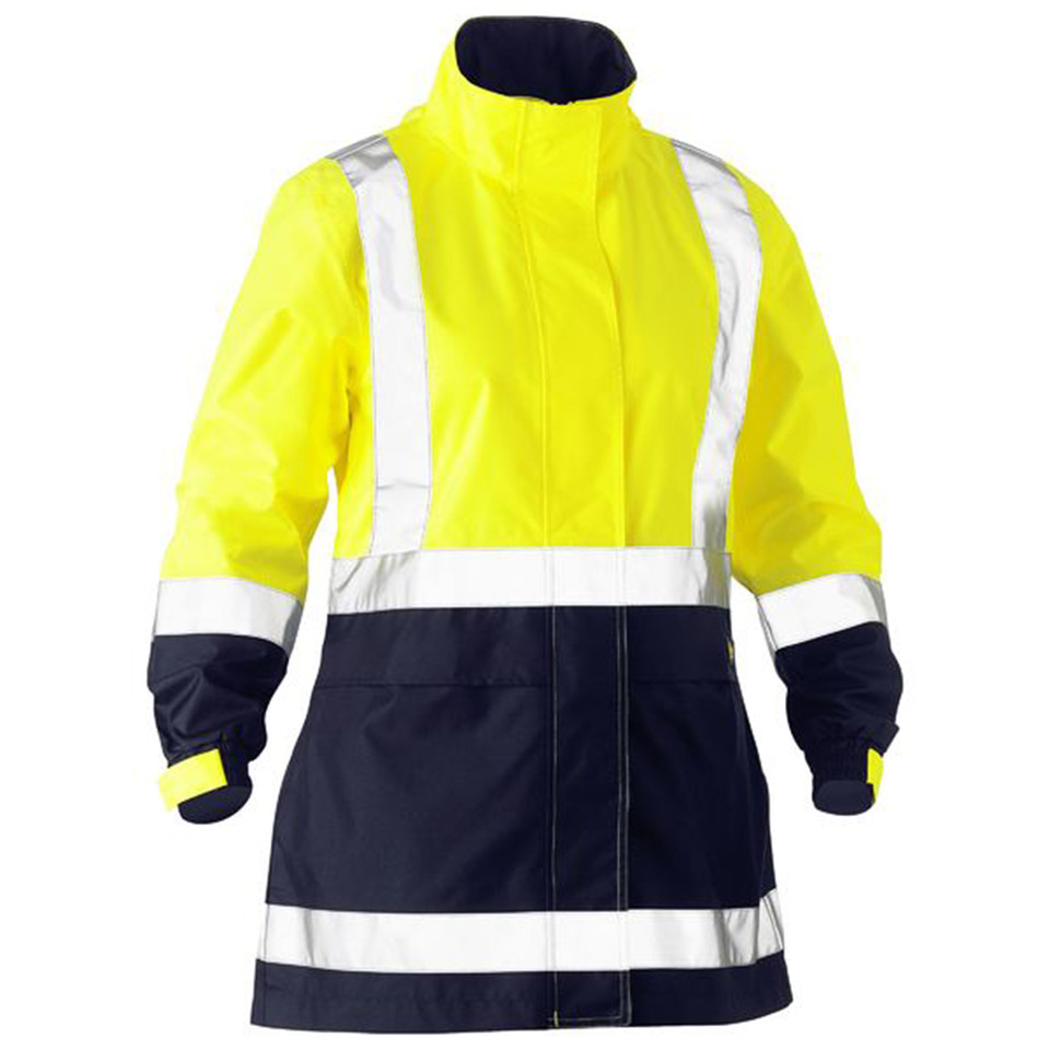 Yellow + Navy Dewey Women's H-Taped Two Tone Hi Vis Rain Jacket, a waterproof and high-visibility work jacket with reflective safety tape.